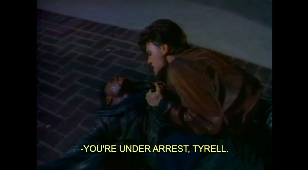 Hanson violently takes down the teen thug, Tyrell, yelling "You're under arrest, Tyrell" as he manhandles him on the ground