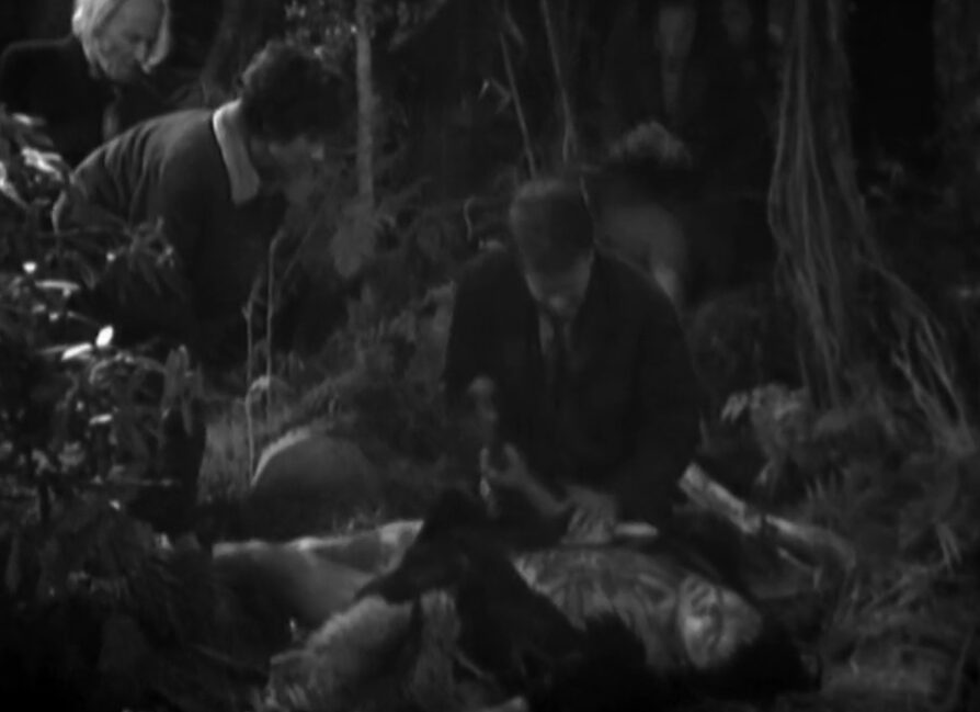 Ian tends to a wounded man while Susan and the Doctor look on 
