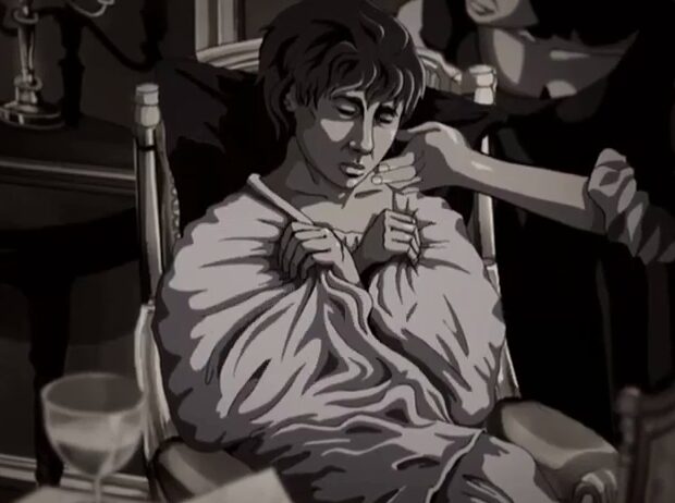 An animated representation of an ill Susan shivering under a blanket. It's stark black and with lots of craggy corners and shadows
