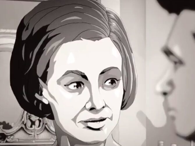 A close up of Barbara in black and white animation