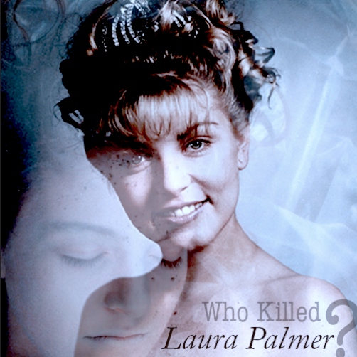 Laura Palmer post from the show Twin Peaks. It has a photo of her as a Prom Queen with "Who Killed Laura Palmer" on it