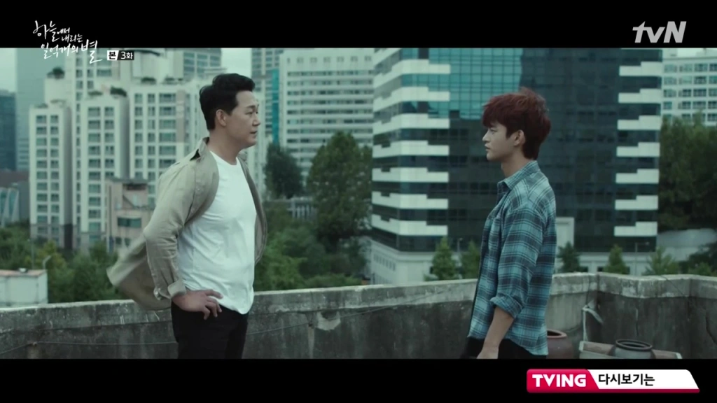 Park Sung-woong as Yoo Jin-gook confronts his sister's boyfriend on a rooftop