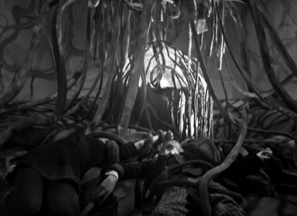 The Animus, portrayed as a pulsing light within a mass of tentacles. The Doctor and Vicki lay unconscious on the floor entangled.